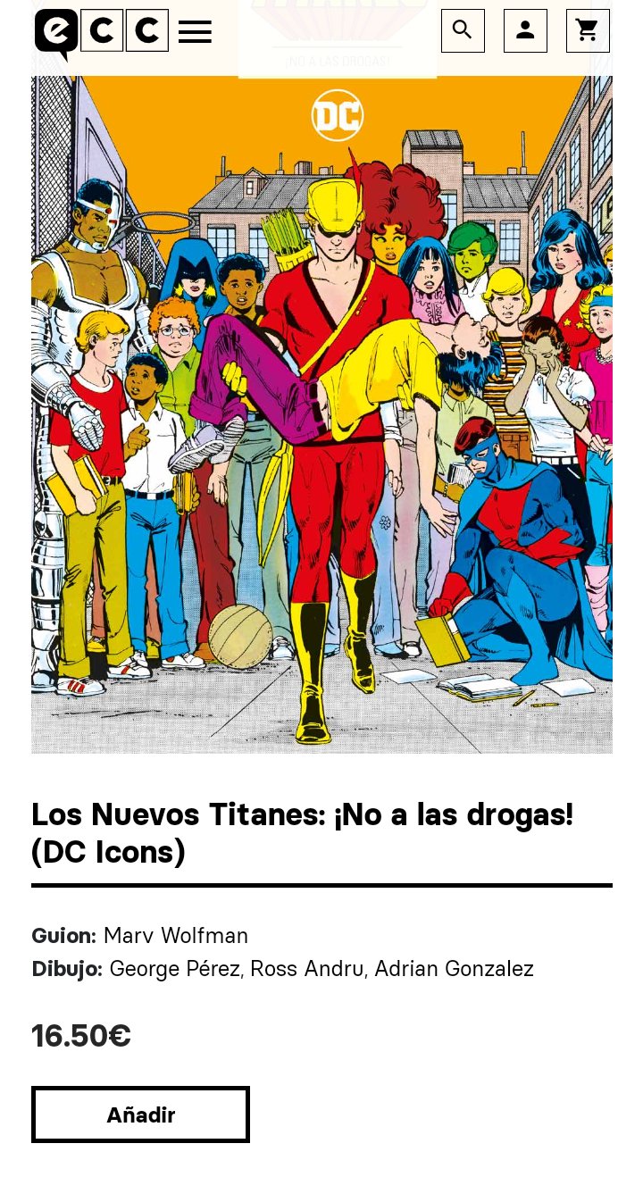 Pantallazo en el que vemos la web de ECC y en ella el precio de Los Nuevos Titanes: ¡No a las drogas! (DC Icons) por 16,50€