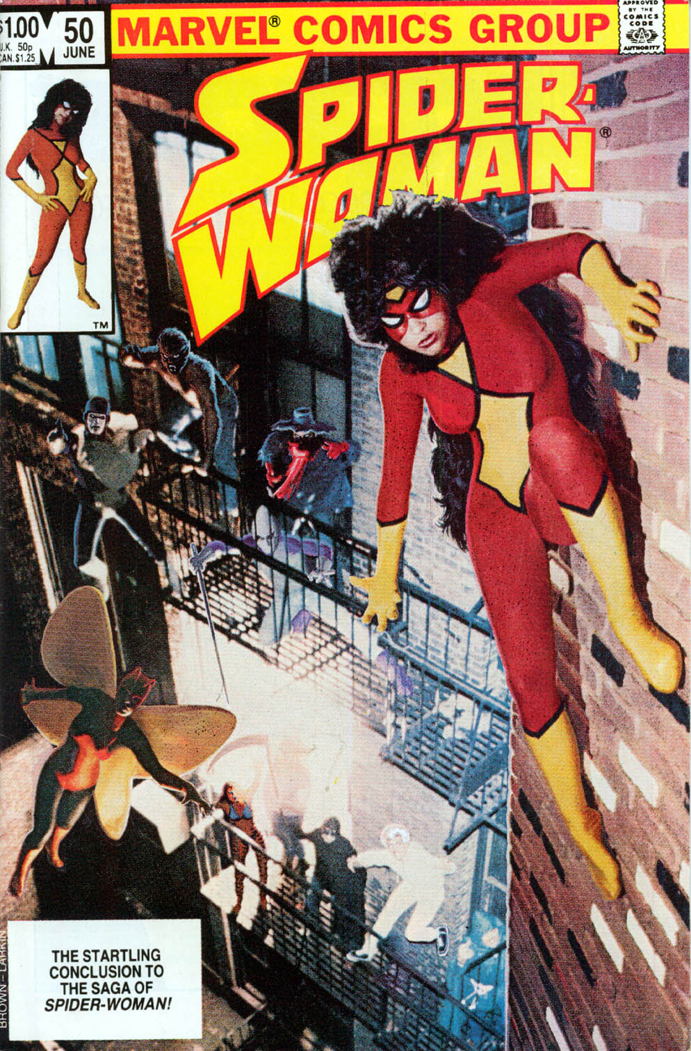 Portada realizada a través de un montaje fotográfico para Spider-Woman 50, vemos a Spider-Woman en una pared, mientras que un montón de personajes de la serie, sobre todo villanos, la acechan en el edificio de al lado.

En un recuadro abajo leemos: The Startling Conclusion to the Saga of Spider-Woman!