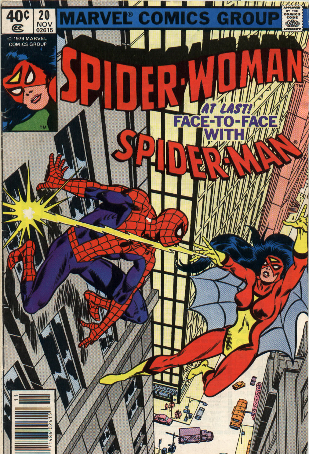Portada del número 20 de Spider-Woman en la que vemos cómo por fin se ha producido el encuentro entre ella y Spider-Man.