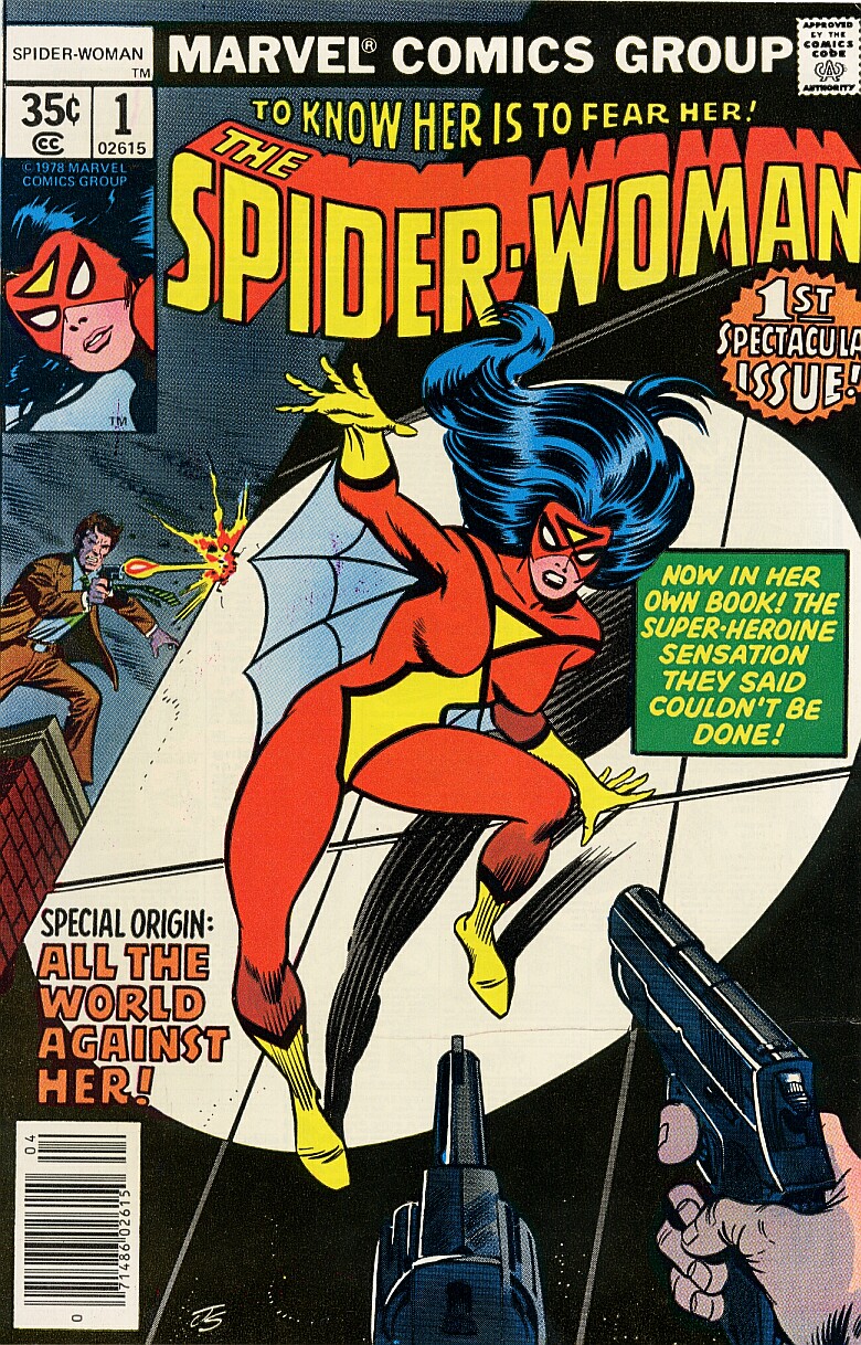 Portada del número 1 de Spider-Woman en la que la vemos agarrada a una pared, enfocada por un foco y  con varios malhechores alrededor que la apuntan con sus armas o disparan.