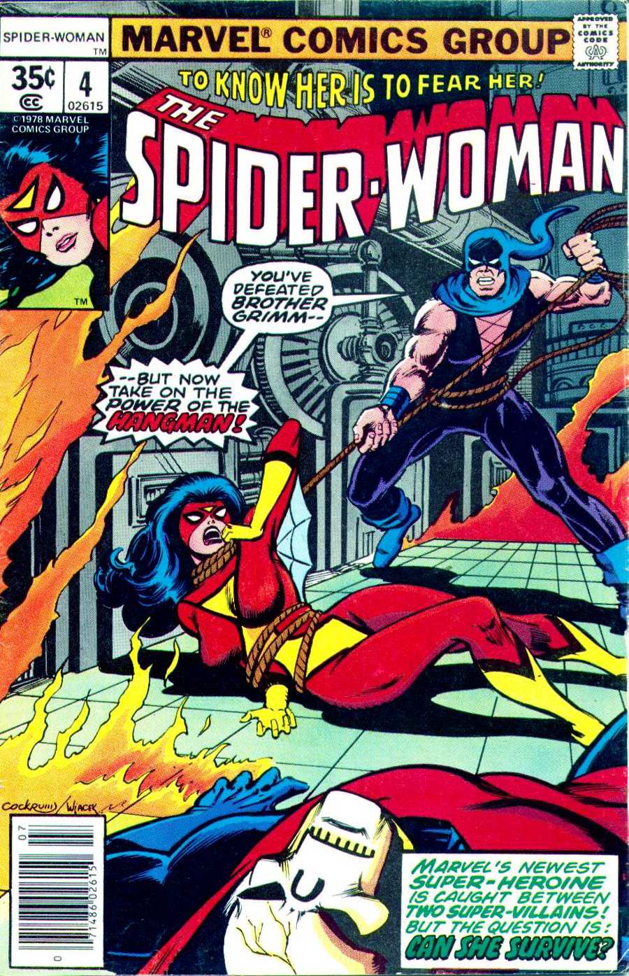 Portada de Spider-Woman 4 en la que vemos que the Hangman la tiene atada con su cuerda.
