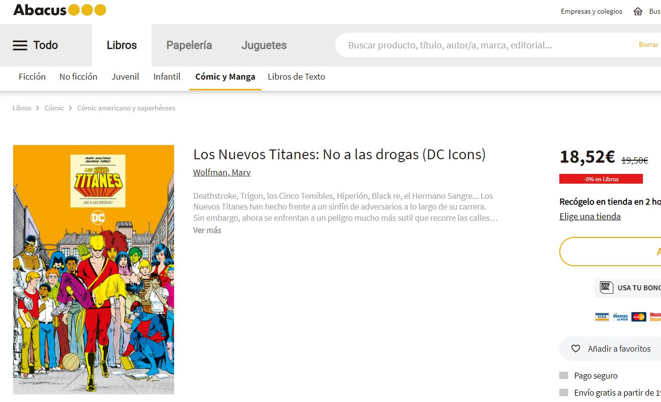 Pantallazo en el que vemos la web de Abacus y en ella el precio de Los Nuevos Titanes: ¡No a las drogas! (DC Icons) por 19,50€