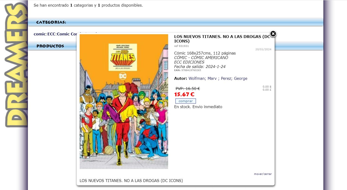 Pantallazo en el que vemos la web de Dreamers y en ella el precio de Los Nuevos Titanes: ¡No a las drogas! (DC Icons) por 16,50€