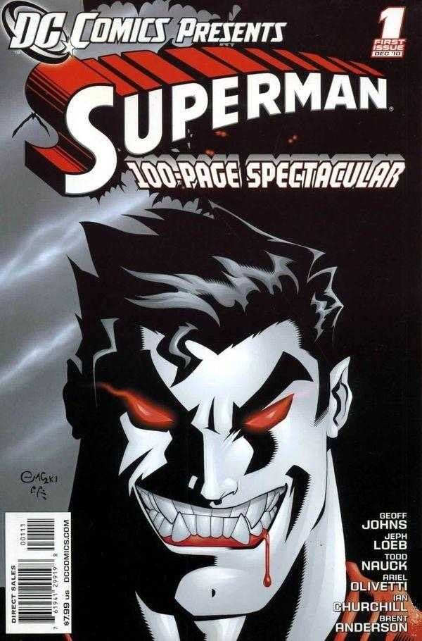Portada de DC Comics Presents en la que vemos a Superman como vampiro o monstruo, con sangre en la boca y colmillos o algo. Se nos anuncia que es un número de 100 páginas 