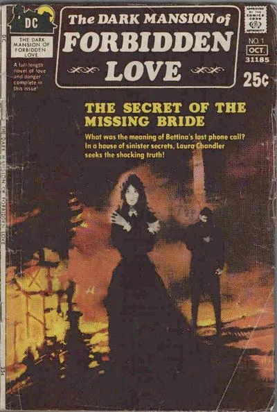 Portada del número 1 de The Dark Mansion of Forbidden Love. Con una ilustración borrosa en la que una mujer parece alejarse de un hombre, mientras una estructura, probablemente una casa, ocupa el espacio detrás.
