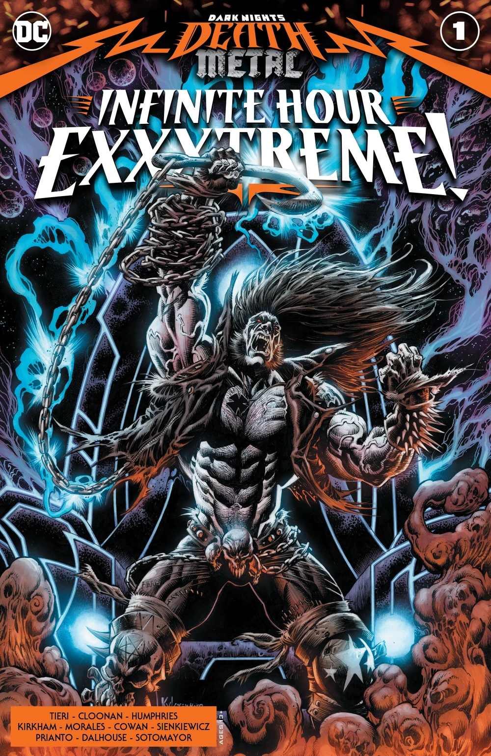 Portada de  Dark Nights: Death Metal: Infinite Hour Exxxtreme!  en la que vemos a Lobo como en una portada de Heavy, sujetando un gancho al final de unas enormes cadenas de metal. 