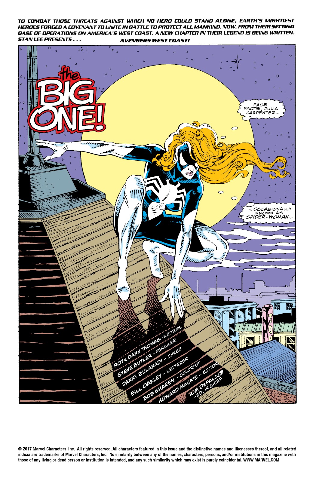 Primera página del Avengers West Coast 70 en la que vemos a Spider-Woman, llamándose por primera vez a si misma Julia Carpenter, agarrada del picudo tejado que nos muestra el perfil de una ciudad.