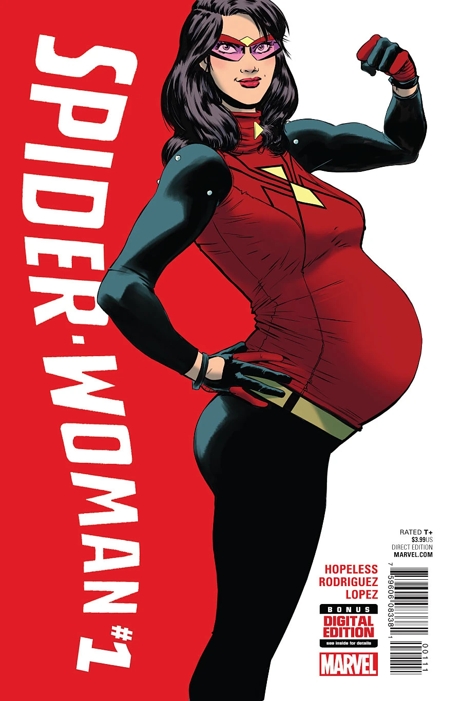 Portada del sexto volumen de Spider-Woman en la que la vemos luciendo biceps en un nuevo traje, más sobrio, brazos negros, guantes rojo y negro, pantalones negros. Unas gafas de cristales violetas y un boddy rojo con un dibujo de araña con los interiores amarillos. Ah, sí, y está embarazada.