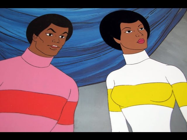 Imagen con los dos protagonistas, son afroamericanos con afros no muy grandes, él lleva una camiseta rosa con una raya roja, ella va de blanco y su raya es amarilla.