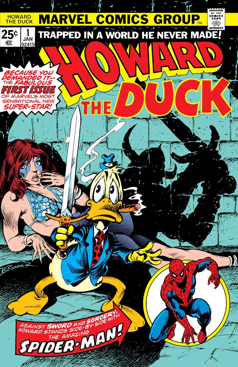 Portada de Howard the Duck 1 en la que vemos una parodia de las portadas de espada y brujería. Howard -un pato vestido de humano pero SIN pantalones, con un pequeño sombrerito y un puro en la boca- está sosteniendo una espada, detrás hay una mujer con maquillaje en la cara y bikini de malla, sobre ambos se proyecta en la pared de ladrillos tras ellos la sombra de un vikingo. Ah, y también hay un dibujito de Spider-Man.