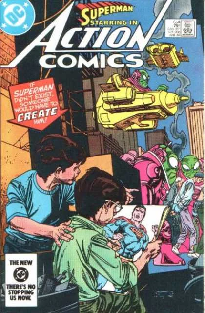 Portada del Action Comics 554 en el que vemos a unos alienígenas verdes con traje rosa, como ranas pero malencarados en una ciudad, llevan a algunos humanos presos, den un callejón, en primer plano dos jóvenes, uno señala el otro -con gafas- agarra una imagen en la que vemos dibujado a Superman. Hay un texto dentro de una caja con forma de flecha que dice:

If SUPERMAN didn't exist, someone wold have to CREATE him!