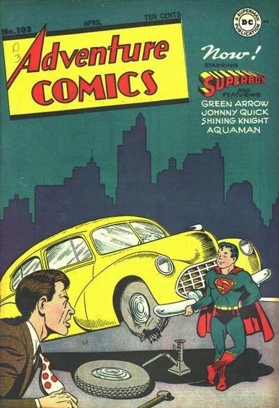 Portada de Adventure Comics 103 en la que vemos el debut de Superboy -tal y como se nos informa en el texto- con el joven levantando un coche amarillo... para cambiarle la rueda, un homenaje distinto a aquella célebre portada del Action Comics.