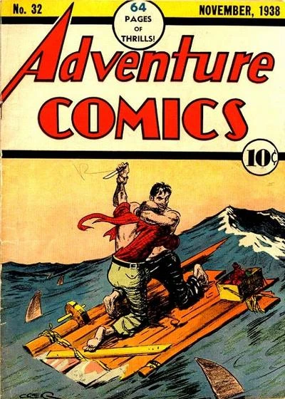 Portada de Adventure Comics 32 en la que vemos un logo superior a imitación del de Action Comics, incluyendo el mismo tipo de letras y la banda superior amarilla, luego una banda negra, una más ancha con el nombre con las letras rojas y el fondo blanco, rematado por una última banda negra. Debajo hay un dibujo, en este caso de dos náufragos en una balsa a merced de las olas peleando con y por un cuchillo. Y sí, claro que hay aletas de tiburones alrededor.