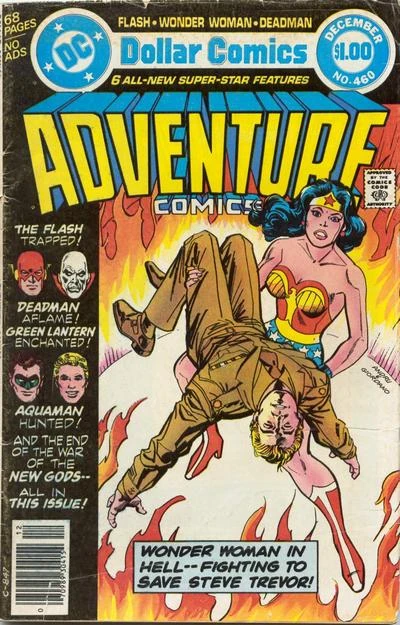 Portada de Adventure Comics en la que vemos que le dibujo central de la portada lo tiene Wonder Woman que sujeta a Steve Trevor en medio de un círculo de fuego, a la izquierda vemos las caras de otros cuatro héroes: The Flash, Dedman, Green Lantern y Aquaman. Y debajo de ello hay una nota escrita, sin dibujo alguno, diciendo que: And the end of the war of the NEW GODS...
