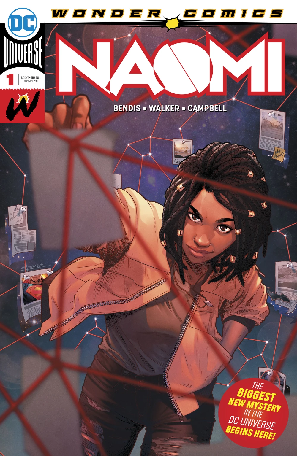 Portada de Naomi en la que vemos a una joven afroamericana mirando al espectador mientras tiene una especie de universo en el que ha hecho constelaciones con hilo rojo poniendo pruebas e medio, una mezcla de 'tablón conspiranóico' y 'planetario' que sirve para recordarnos, ante todo, que detrás del cómic se encuentra Bendis. 

Suponiendo que no hayas tenido que escuchar mil veces la historia de que hizo este cómic para su hija adoptiva. En ese caso según veas la imagen ya sospechas que es un cómic de Bendis.

Hay también un círculo rojo en el que pone: The BIGGEST New Mystery in the DC Universe BEGINS HERE! Que, claramente, se refiere a ¿PERO POR QUÉ LE SIGUEN DANDO CÓMICS A BENDIS?