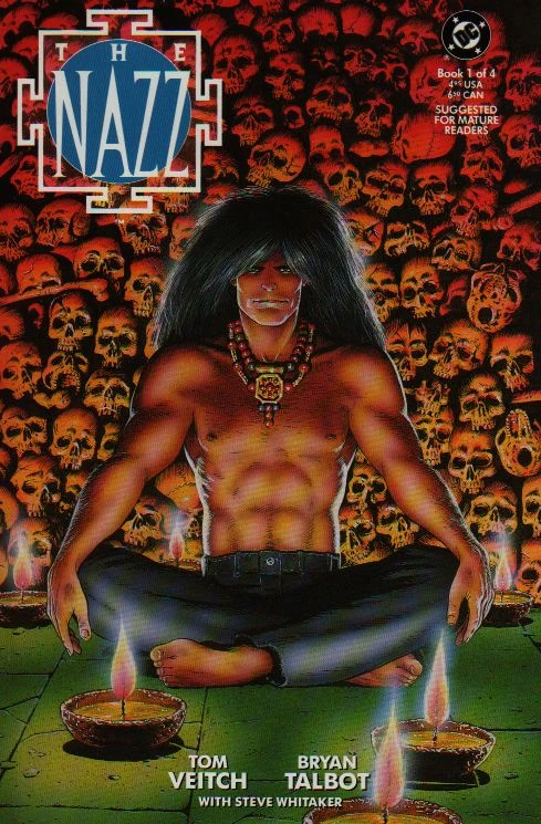 Portada de Nazz en la que vemos a un joven descalzo, sin camiseta, solo con unos pantalones, lleva el pelo negro y largo y un collar de estilo asiático -nepalí en concreto- en el cuello. La falta de ropa ayudar a comprobar que se encuentra musculado. A su alrededor hay como media docena de velas y, a su espalda, una pared de huesos.