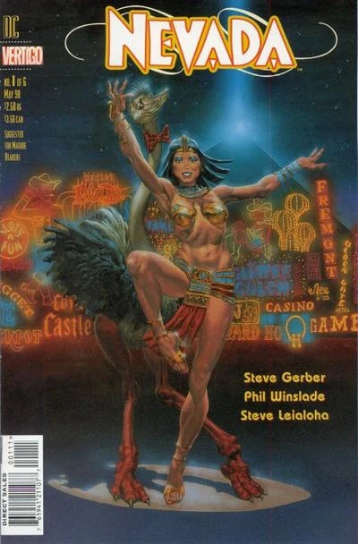 Portada de Nevada  en la que vemos de fondo Las Vegas, con luces de neón, letreros y alguno de los casinos más reconocibles. Delante, en primer plano, está una joven vestida con muy poca ropa de egipcia, a su lado hay un avestruz con pajarita.