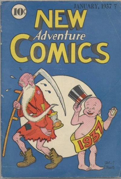 Portada de New Adventure Comics 12 en la que vemos un fondo azul, un círculo central blanco y ahí dos figuras, a la izquierda un tipo viejo de larga barba, una guadaña y un reloj de arena consumido, a la derecha un bebé desnudo, en su mano derecha un sombrero de copa, en la izquierda un reloj de bolsillo que está marcando las 0 horas, lleva una banda amarilla en la que está escrito 1937.