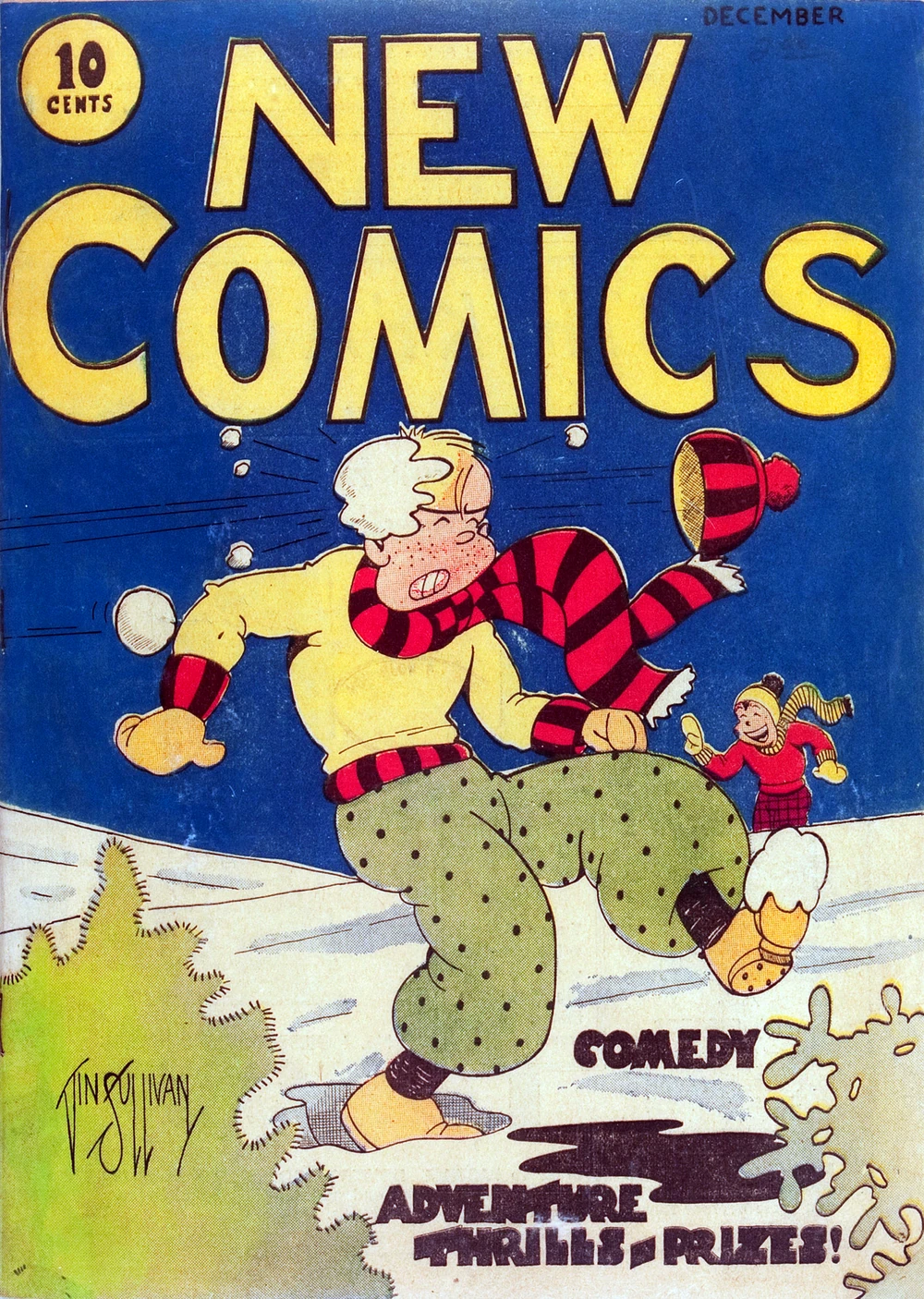 Portada de New Comics en la que vemos un dibujo sencillo. Un fondo azul y delante de él un suelo con nieve, un joven está en el centro recibiendo bolazos de nieve mientras, de fondo, otro se ríe. El título ocupa como una cuarta parte de la portada, aunque se encuentre solo en la parte superior.