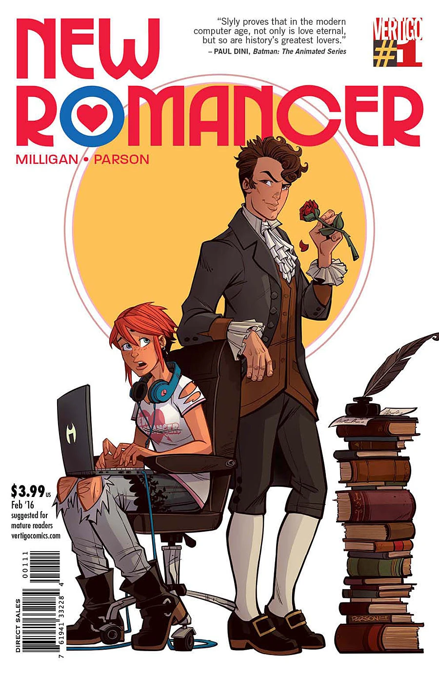 Portada de New Romancer en la que vemos un fondo blanco, un círculo naranja detrás, en medio hay un tipo vestido de época, con una camisa con chorreras y una rosa roja en la mano. Una pila de libros antiguos con un tintero con una pluma. A su lado hay una joven en un escritorio con un portátil, camiseta  y pantalones rotos, muy moderno.
