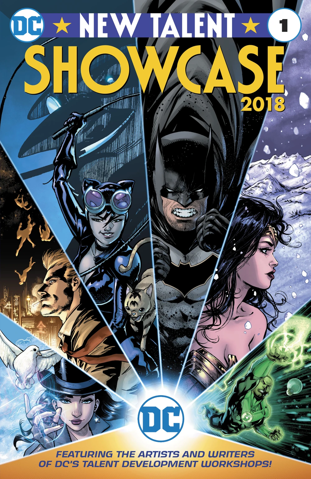 Portada de New Talent Showcase 2018 en la que vemos n la parte inferior el logo de DC, brilla y lanza rayos, entre los cuales vemos viñetas. De izquierda a derecha, de Zatanna, John Constantine, Catwoman, Batman, Wonder Woman y John Stewart.