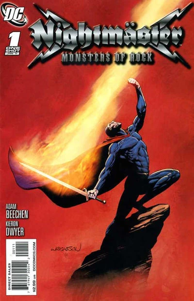 Portada de Nightmaster: Monsters of Rock en la que vemos a Nightmaster con un logo estilo Heavy, incluyendo dos puntos encima de la 'a' y unos rayos cruzados detrás. Está subido a un risco, con un fondo negro, una llama va hacia abajo, hacia la espada. Y el tipo sube está subido en el risco levantando el brazo.