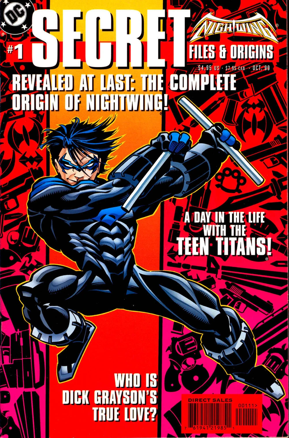 Portada de Secret Files & Origins Nightwing en la que vemos en un estilo dosmilero -aunque sea de octubre 1999 según pone- todo un fondo de imágenes de armas, algunas con el símbolo del murciélago. Delante hay un Nightwing que parece hecho como versión superdeformer. Y eso que por lo menos solo está achatado y alargado por los lados pero el traje que lleva es el negro y azul moderno, ninguno de los espantos clásicos. 