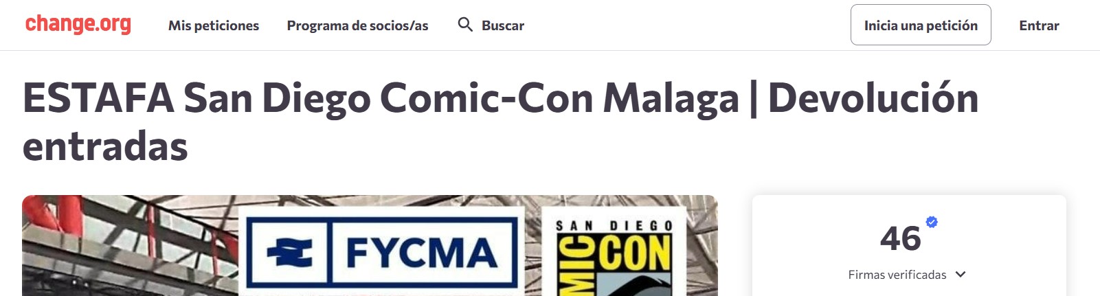 Pantallazo de changue punto org en el que leemos:
ESTAFA San Diego Comic-Con Málaga - Devolución Entradas.