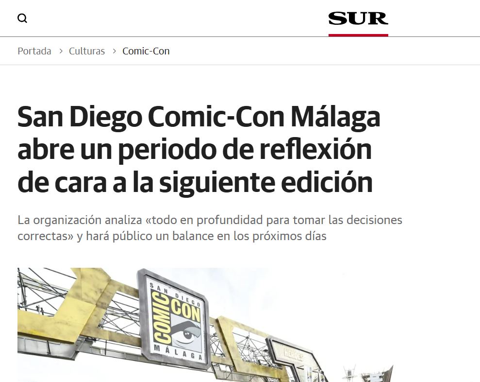 Pantallazo del diario SUR
San Diego Comic-Con Málaga abre un periodo de reflexión de cara a la siguiente edición
La organización analiza «todo en profundidad para tomar las decisiones correctas>> y hará público un balance en los próximos días.