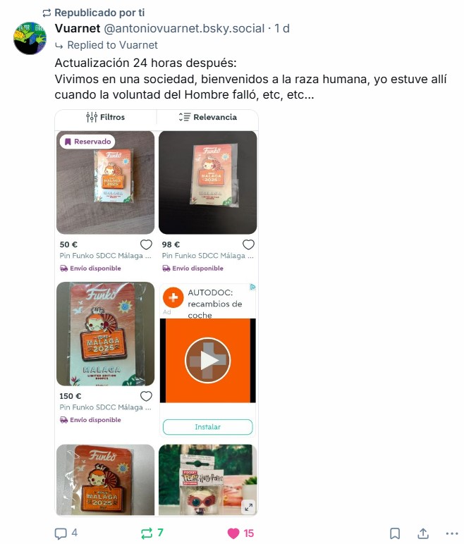 Imagen en la que comenta cómo la gente ha corrido a poner los 'funkos exclusivos' a la venta en Wallapop, por 50, 95, 180 €