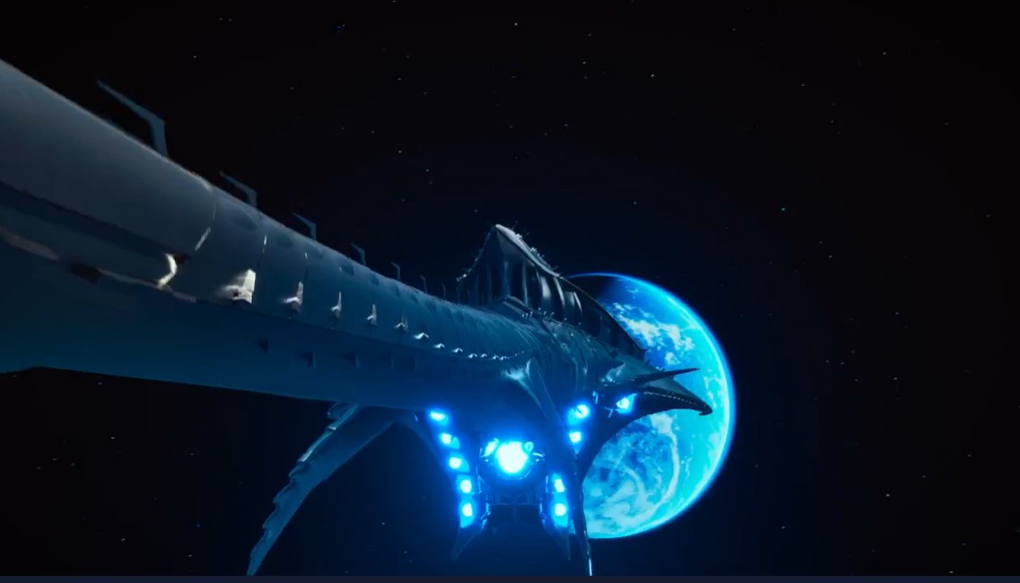 Imagen de una nave espacial llegando desde la izquierda hacia la tierra. Parece una cosa azul, como una especie de barracuda espacial.