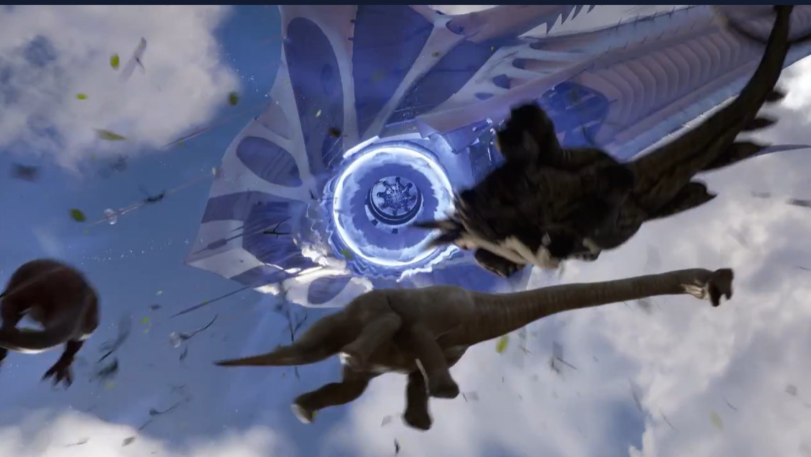 Imagen en la que la nave espacial absorbe dinosaurios, vista desde abajo -tiene pinta de manta raya-  y con un diplodocus en primer término. Pero también un estegosaurio y dios sabe qué es lo otro.