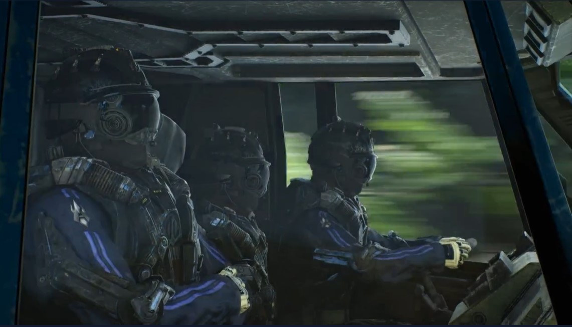 Imagen en la que vemos a tres tipos dentro de un transporte, pero son CGI. El paisaje también. Todo es CGI. Eso sí, el parecido es notable con la anterior imagen. Excepto que aquí llevan todo cubierto, por si acaso.