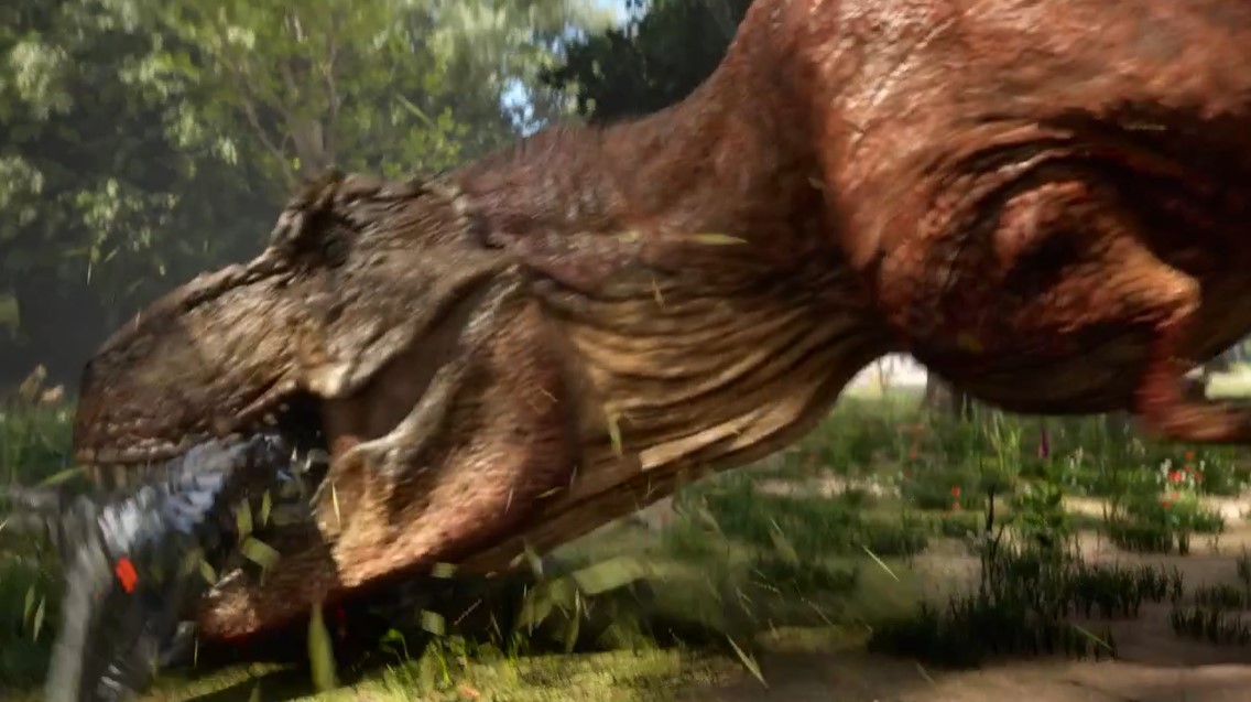 Un t-rex está atacando a una especie de dino-raptor. 