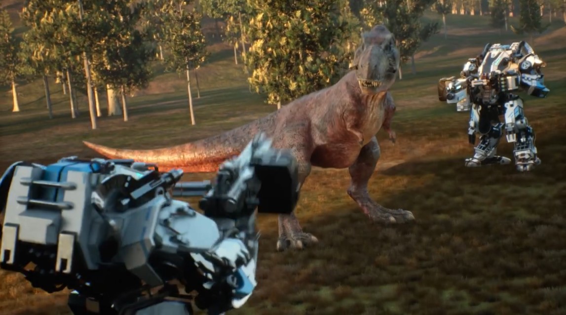 Imagen en 3D con un t-rex entre dos robots raros.