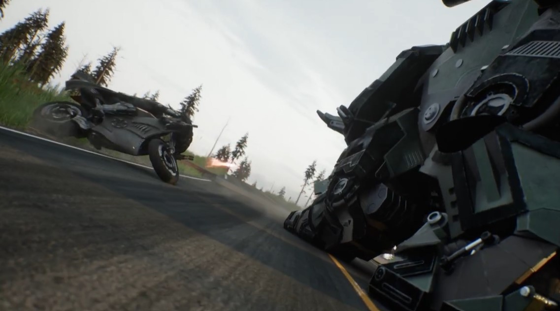 Imagen de un triceratop robot luchando con un tipo raro en una motocicleta con cañones.