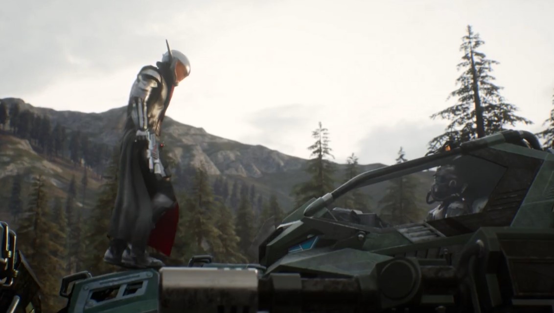 Imagen en la que la parte superior del triceratop robot tiene a un tipo dentro conduciendo, y enfrente tenemos al malo de la motocicleta, con un casco con pinchos hacia detrás. Tiene una pistola en la mano.