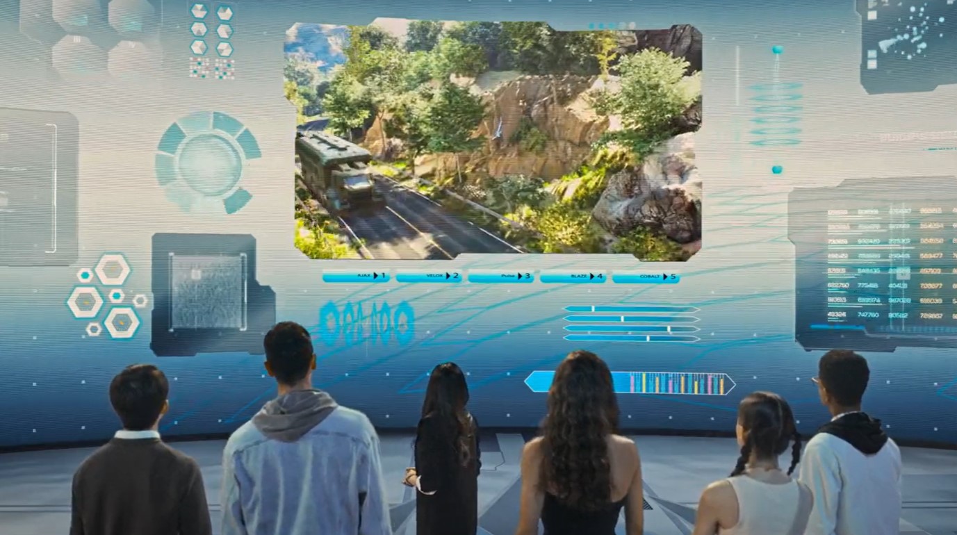 Los seis personajes miran a la 'pantalla' en la que vemos imágenes del principio del capítulo.