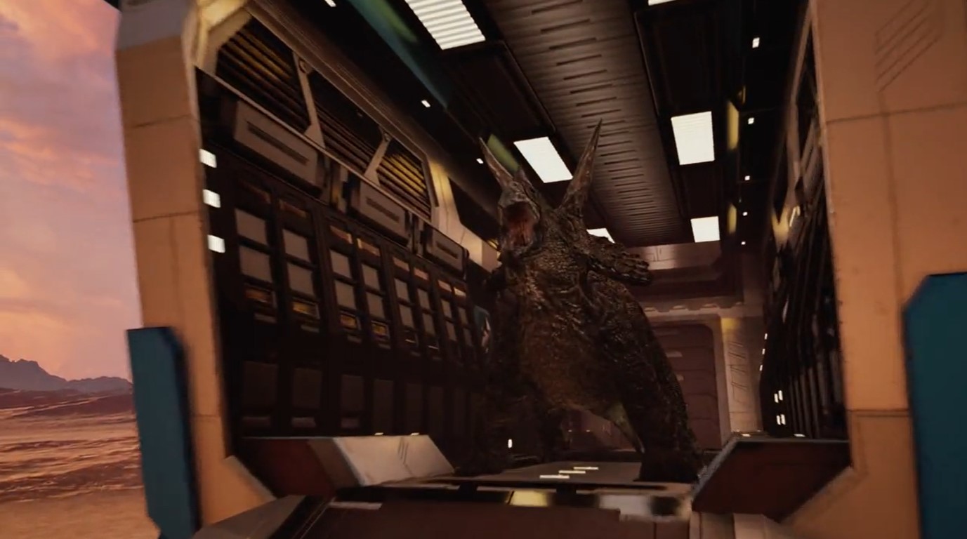 Un contenedor con un triceratops dentro. Parece un sobrante de algún tipo de clip-studio... que se estuviera derritiendo.