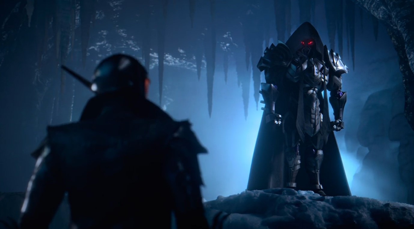 El tipo malo malísimo de antes, está en un entorno oscuro con estalactitas y todas esas cosas, a su lado hay una especie de señor en armadura y con ojos rojos. 