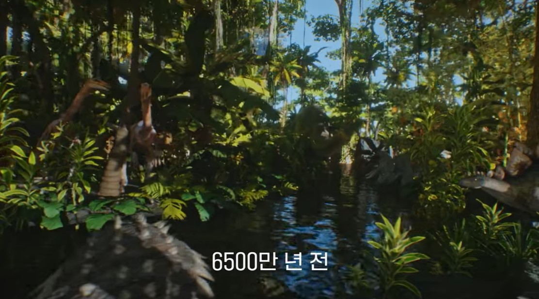 Una imagen que parece de juego 3D viejo con un paisaje y unos dinosaurios y esas cosas.