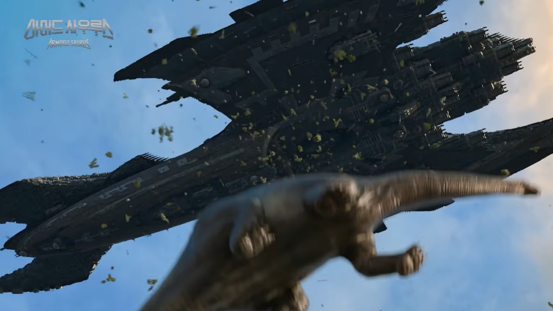 Imagen en la que la nave espacial absorbe dinosaurios, vista desde abajo y con un diplodocus en primer término.