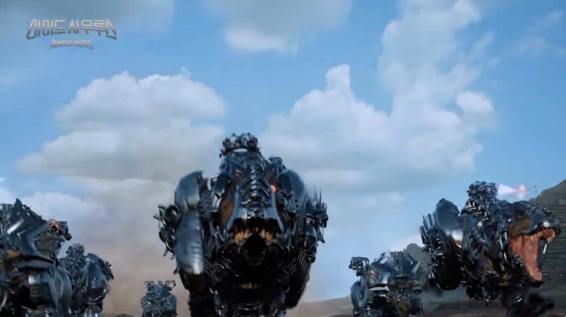 Imagen en la que vemos un grupo de t-rex con armadura mecánica negra. 