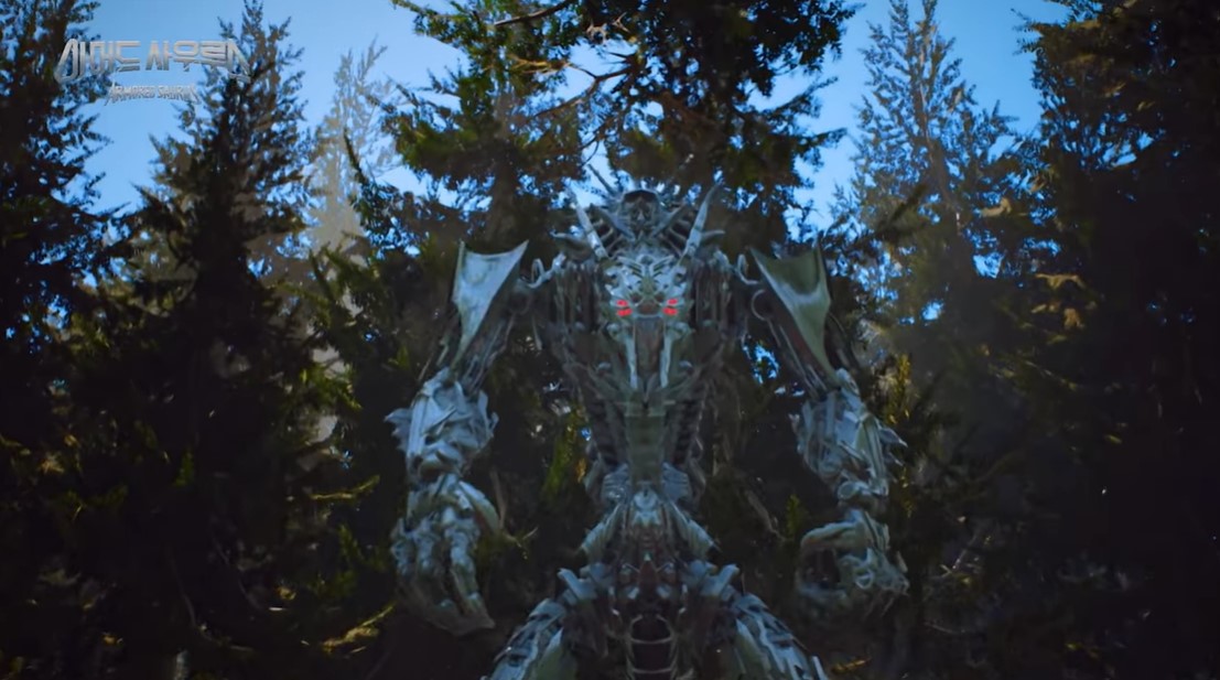 Imagen en la que vemos a un dinosaurio mecánico convirtiéndose en un señor robot.