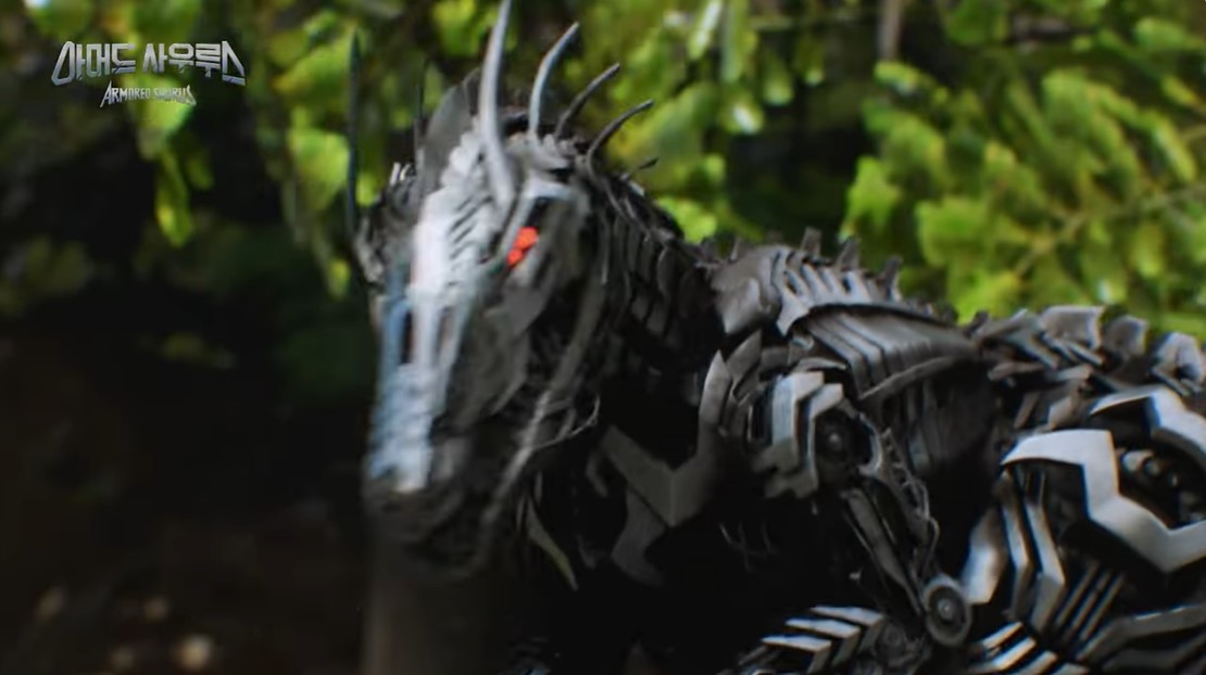 Imagen de un dinosaurio raptor de color negro y plateado y ojos rojos.