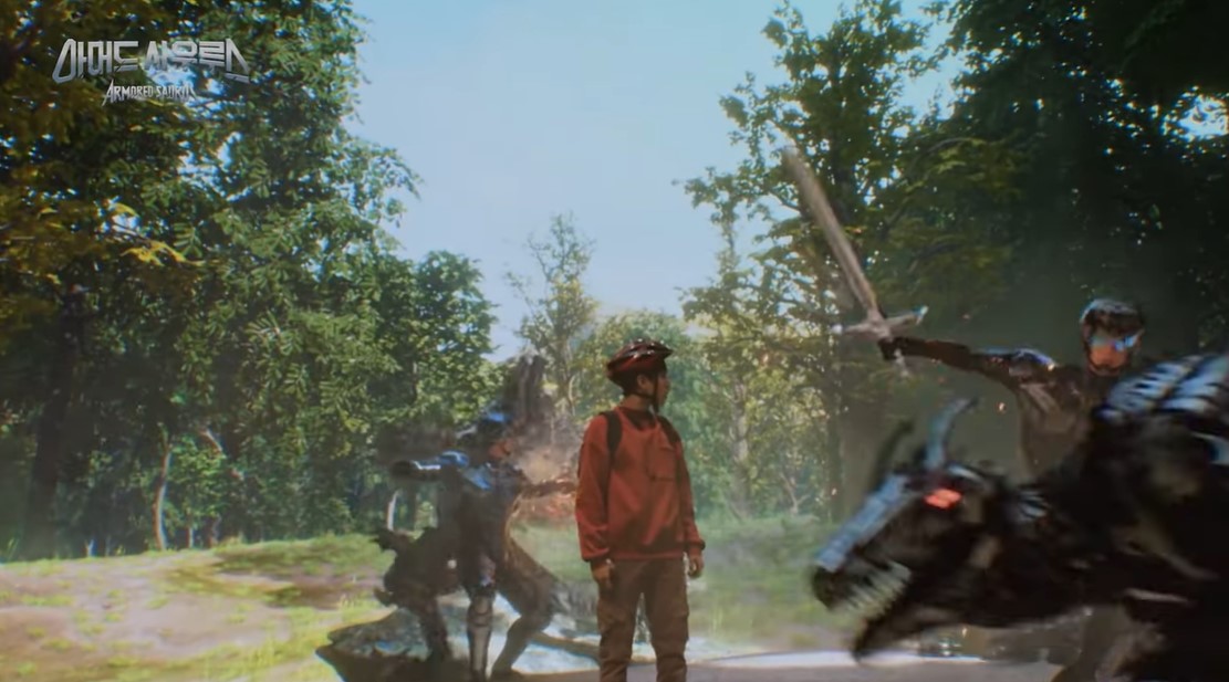 En el centro vemos al joven, hay tres tipos vestidos con casco y espadas, como con tecnoarmadura, luchando contra los raportes.