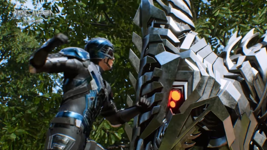 Uno de los señores de antes, con una armadura tirando a azul, enfrentándose a un enorme pteranodon-bot metálico y de ojos rojos, al que está a punto de dar un puñetazo.