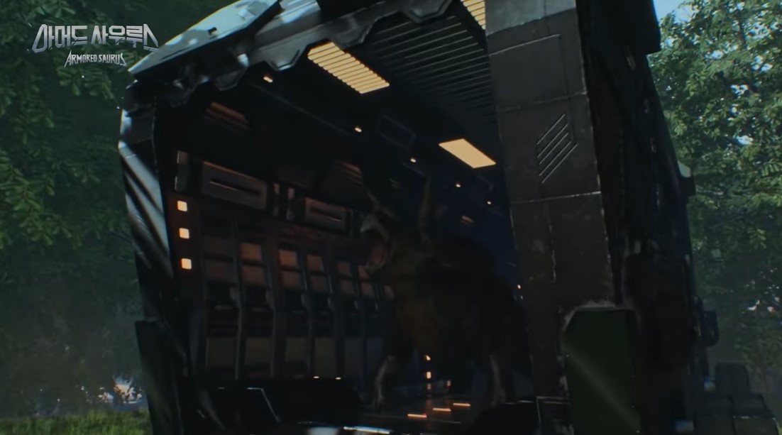 Un contenedor se abre, de ahí va está por salir un triceratops que, por una vez, no es un robot.