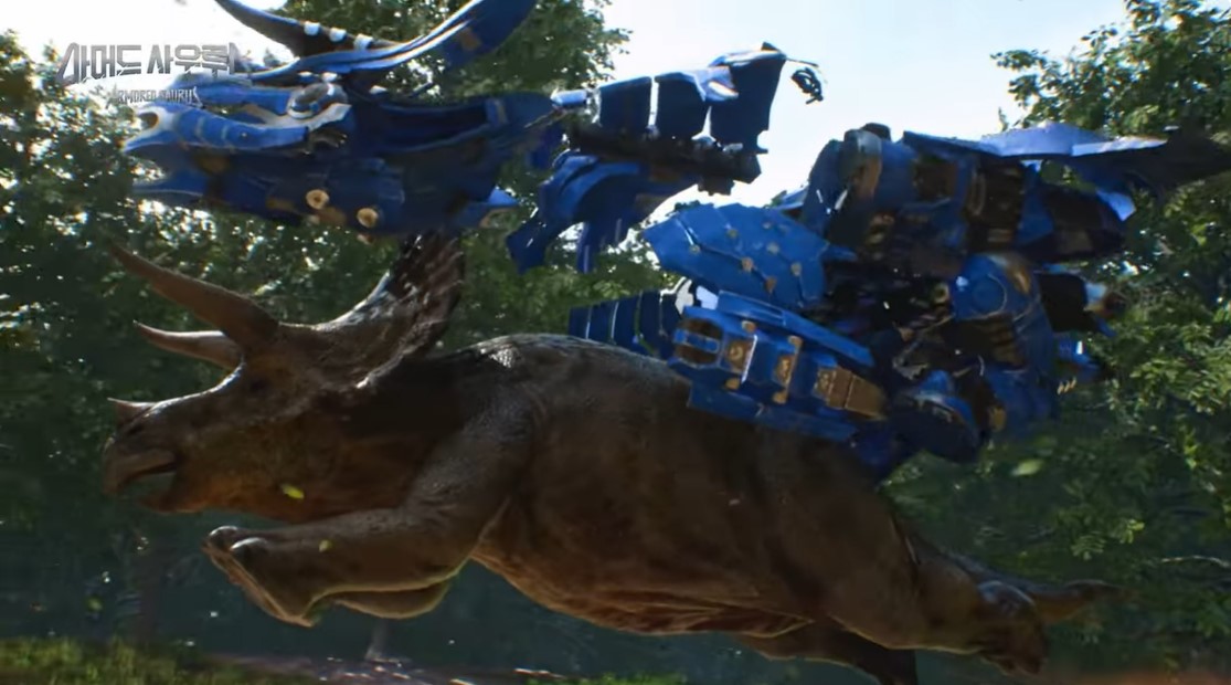 El coche convertido en nave separándose para cubrir -perimetralmente o algo, nada de guarradas- al triceratop.