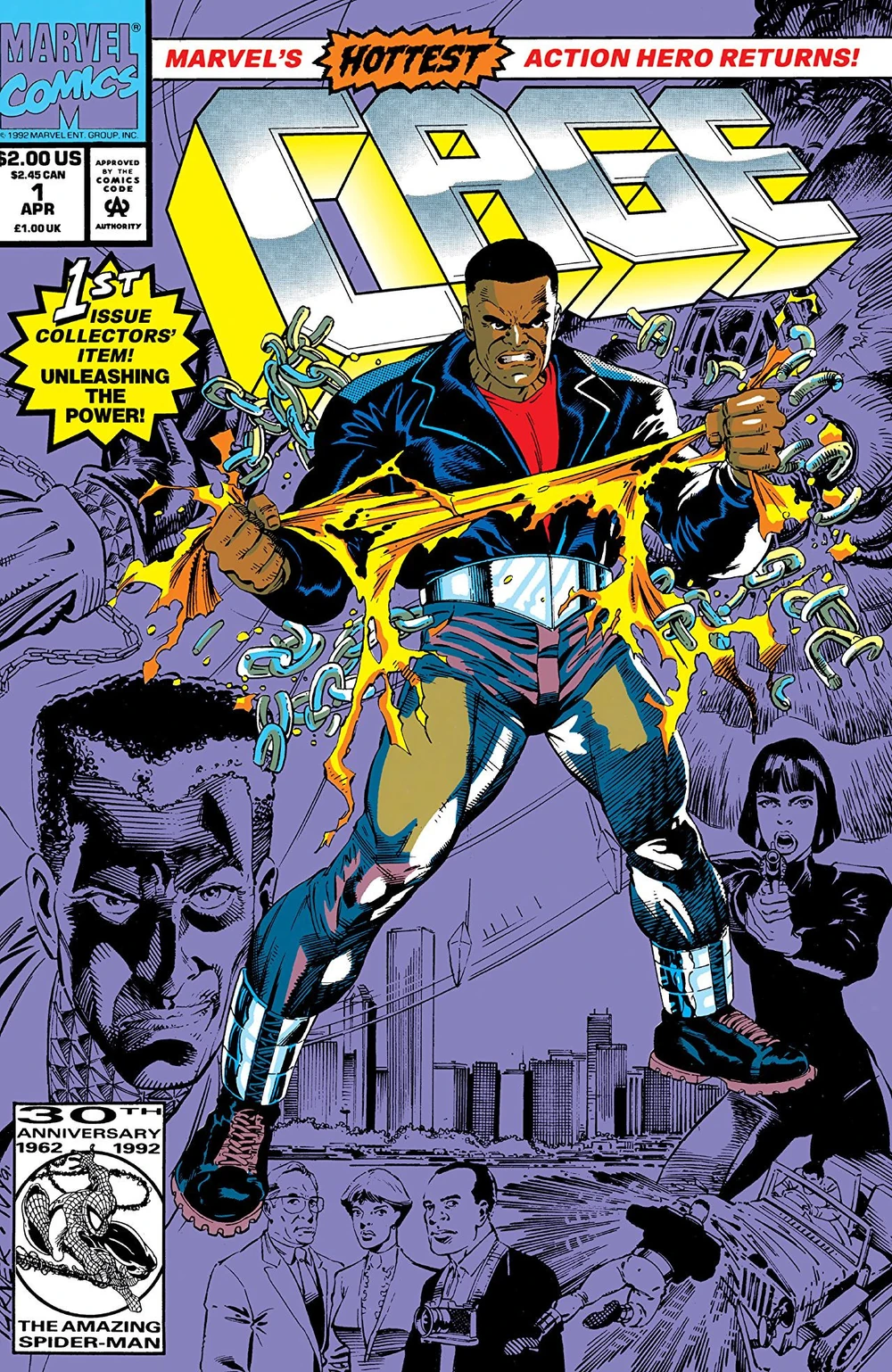 Portada de Cage en la que vemos al susodicho destruyendo su traje amarillo y unas cadenas a saber por qué, de fondo, en azul, se nos recuenta su historia, o algo, todo eso con mucha rayita y mucho ceño fruncido, que para algo son los noventa.